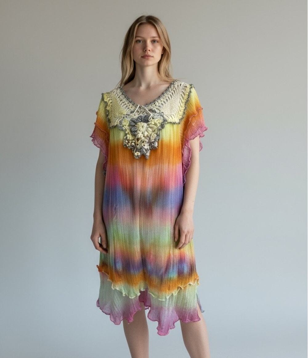 Kaftan Knit Beach Cover up Hand Died Midi Dress Hobo Boho Artsy Large